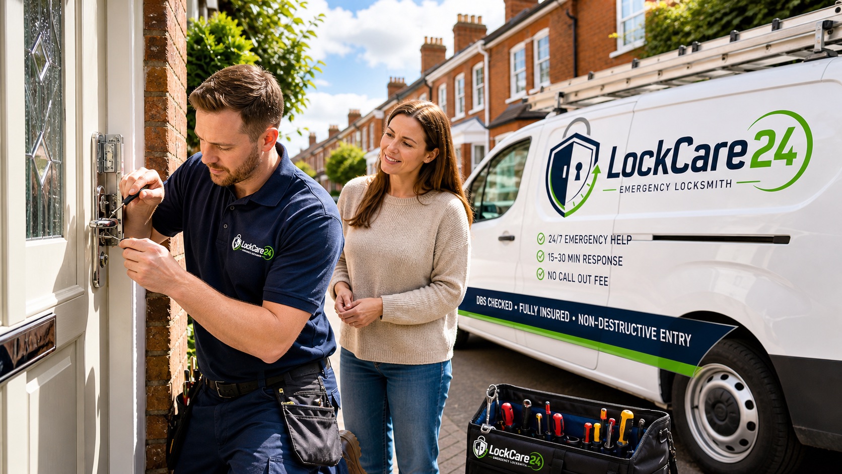LockCare24 locksmith arriving beside a branded white van at a British townhouse