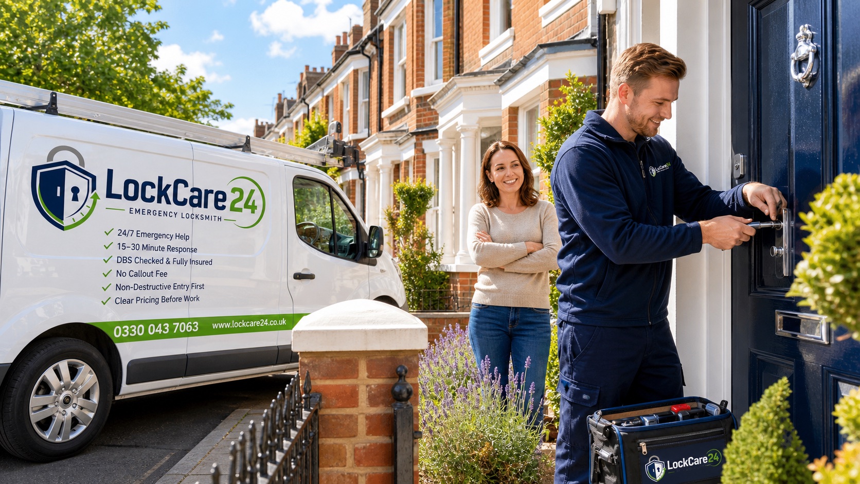 LockCare24 locksmith repairing a front door lock with a branded white van nearby