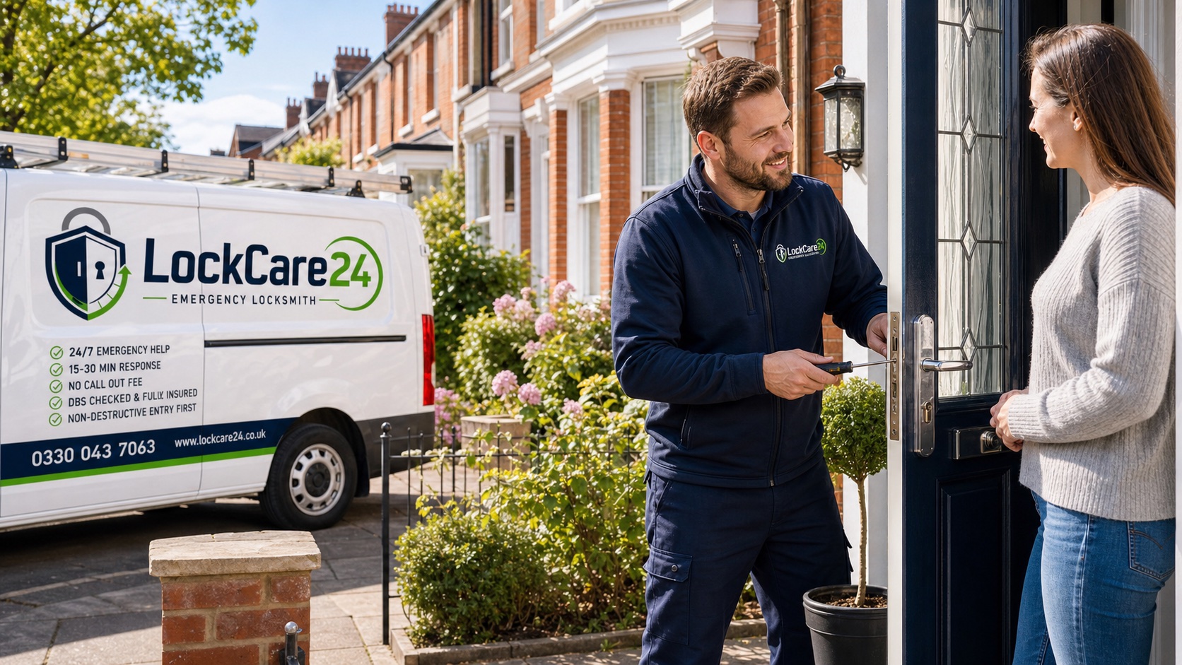 LockCare24 locksmith completing a home lock change outside a British townhouse