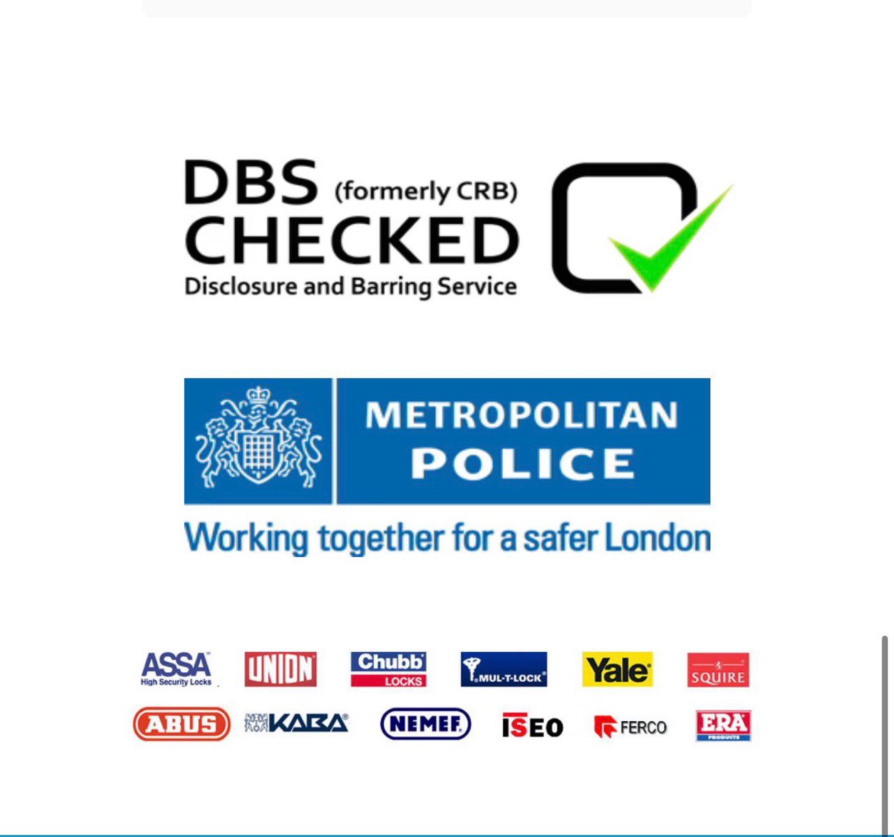 DBS checked, Metropolitan Police and trusted lock brand logos